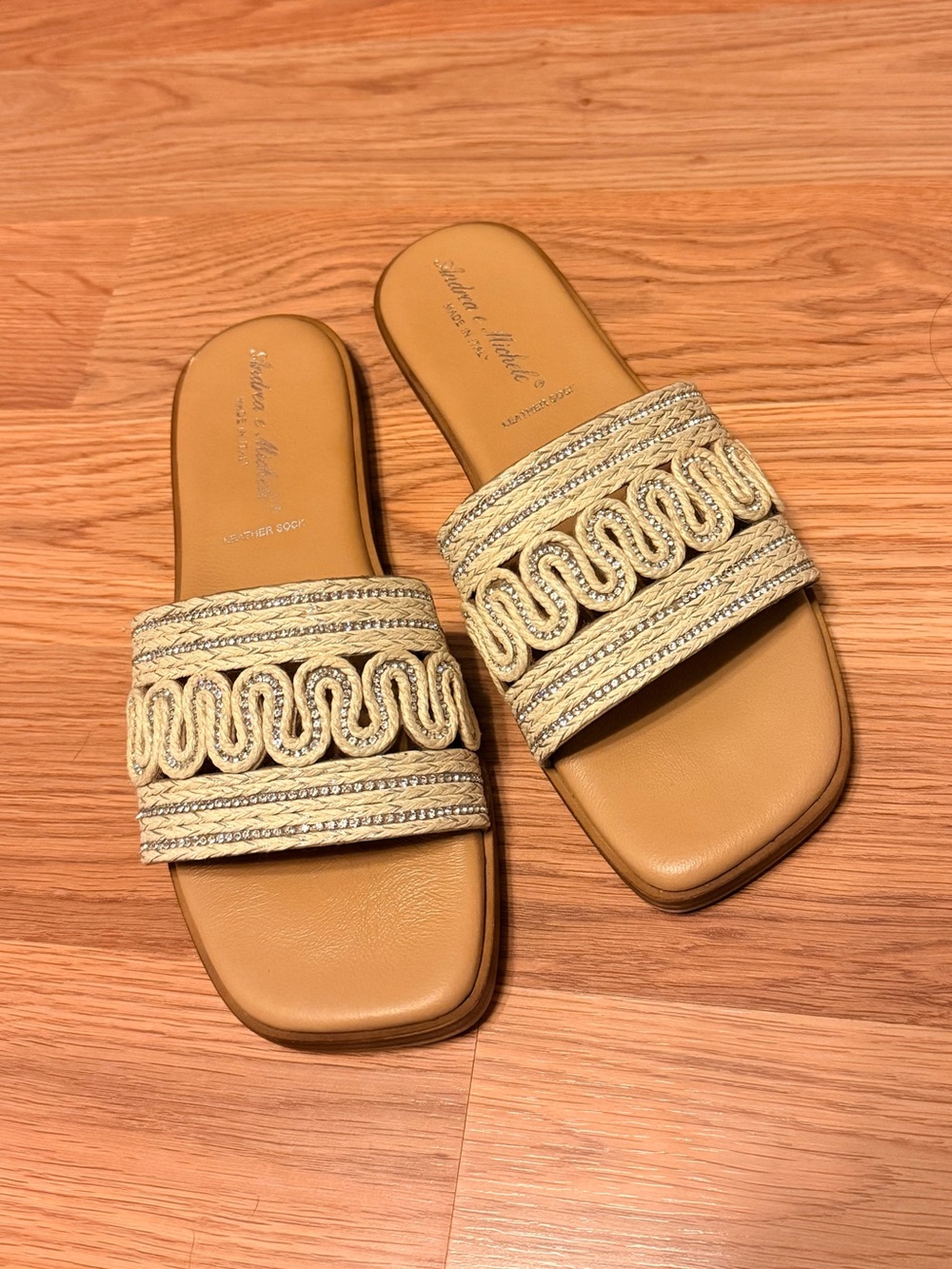 Tan Braided-Trim Slide Sandals